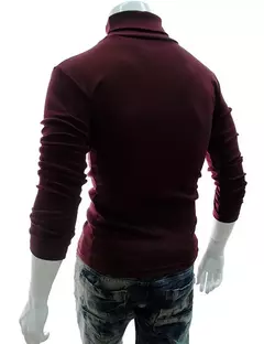 Imagem do Gola alta masculina malha suéteres de algodão, pulôveres finos, roupas de escritório, tops masculinos, monocromáticos, vinho tinto