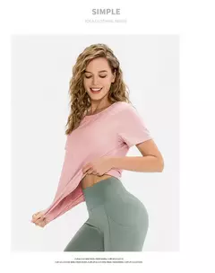T-shirt monocromática de manga curta para mulheres, top de fitness solto, camisa de treino casual