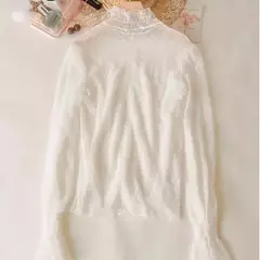 Bella Philosophy-blusa feminina de malha perspectiva gola alta, fina ver através, slim bottoming, laço longo flare mangas tops, verão