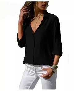 Blusa elegante de manga comprida feminina, com decote em v sólido, camisas femininas de trabalho, tops grandes, primavera e verão, 2023