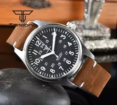 Relógios piloto de mergulho automático Tandorio para homens, vidro safira, mostrador luminoso verde, pulseira de couro, coroa de parafuso, NH35A, 20Bar, 39mm - Wolf Magazine
