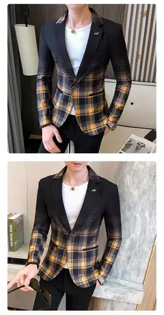 Imagem do Jaqueta de terno casual xadrez masculina, baile masculino, blazer social, casaco fino, roupa de anfitrião, moda boutique