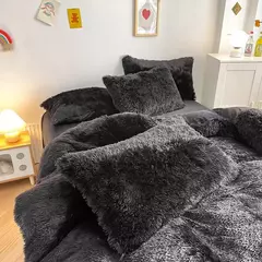 Imagem do Conjunto de cama luxuoso preto macio, capa de edredão Shaggy, 2 fronhas, zíper, veludo macio, 3pcs