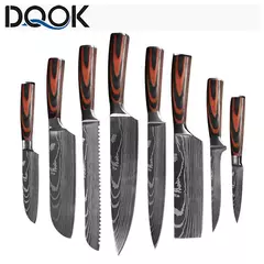 Sharp Japonês Chef Faca Set, Facas de Cozinha, Laser Damasco Padrão, Cleaver Slicing Utility, Santoku, 1-10 Pcs