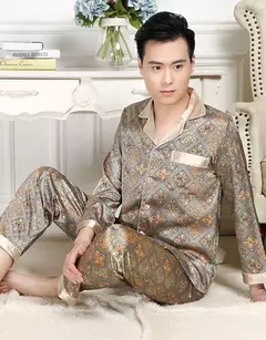 Conjunto de pijama de seda fino masculino, manga comprida e calça curta, pijama, calça para dormir - Wolf Magazine