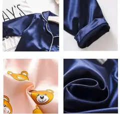 Conjunto de pijama cetim de seda gelo infantil, top e calça, ursinho desenho animado, bebê menina, primavera, verão na internet