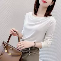 Blusa feminina manga comprida gola redonda, camisa feminina estilo coreana casual dd9023 - loja online