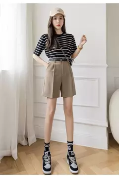 Shorts de salto com zíper, shorts da moda para mulheres, de high street, com cortina, casual, cor sólida, com cintura alta, para escritório, verão e com cinto - loja online