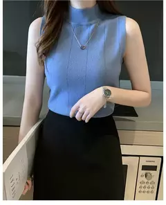 Blusa de malha elástica feminina, Tops femininos, roupa casual, sem mangas, monocromática, moda coreana, primavera, verão, novo, 8623 50 na internet