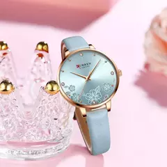 Curren-Relógios de pulso quartzo de couro de luxo feminino, marca relógio para senhoras, charme relógio mostrador flores na internet
