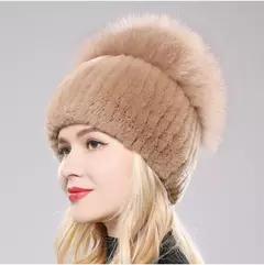 Real Genuine Fox Fur Gorros Chapéu para Mulheres, Pele de Coelho Rex Natural Boné de Caveira, Chapéus de malha para meninas, inverno, estilo russo, novo na internet