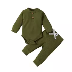 Conjunto de bodysuits de manga comprida e calças elásticas para bebé, com nervuras, xadrez, roupa sólida, infantil, recém-nascido, menina, menino, primavera, outono, 2 peças - Wolf Magazine