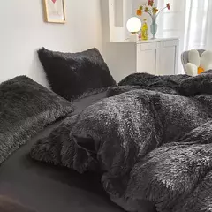 Conjunto de cama luxuoso preto macio, capa de edredão Shaggy, 2 fronhas, zíper, veludo macio, 3pcs