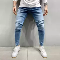 Cinza cor pura jeans homens cintura elástica calças de brim magros 2021 estiramento sem rasgado calças streetwear preto dos homens denim