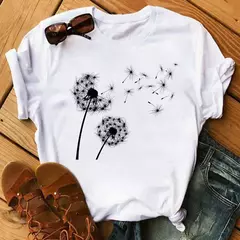 Maycaur-camiseta estampada dente-de-leão fofa para mulheres, camiseta estampada gráfica dos desenhos animados, camisa branca casual para senhoras, camiseta nova e engraçada
