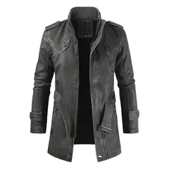 Imagem do Inverno casaco de lã grossa casaco de couro longo outwear moda quente casual vintage roupas para homem steampunk biker jaqueta