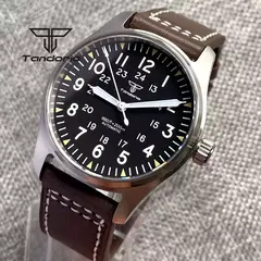 Relógios piloto de mergulho automático Tandorio para homens, vidro safira, mostrador luminoso verde, pulseira de couro, coroa de parafuso, NH35A, 20Bar, 39mm - loja online