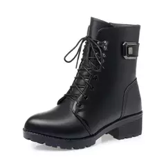 Imagem do WOIZGIC-Ankle Boots de couro genuíno para mulheres, sapatos de plataforma, pelúcia, quentes, plus size, com renda, 35-43, senhoras, feminino, inverno