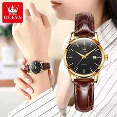 OLEVS-Relógio de quartzo de couro impermeável feminino, relógio de pulso respirável, marca top, luxo
