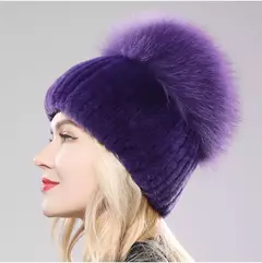 Imagem do Real Genuine Fox Fur Gorros Chapéu para Mulheres, Pele de Coelho Rex Natural Boné de Caveira, Chapéus de malha para meninas, inverno, estilo russo, novo