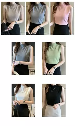 Blusa de malha elástica feminina, Tops femininos, roupa casual, sem mangas, monocromática, moda coreana, primavera, verão, novo, 8623 50