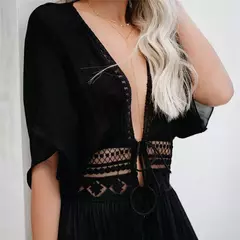 Vestido de praia tamanho grande para mulheres, preto sólido, roupa de praia branca, roupas de proteção solar, capa de praia de malha na internet