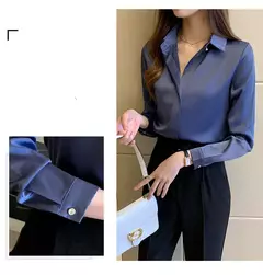 Blusa feminina de cetim de seda manga longa, camisa feminina, tops básicos, roupas femininas OL, moda feminina, 2023
