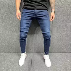 Imagem do Cinza cor pura jeans homens cintura elástica calças de brim magros 2021 estiramento sem rasgado calças streetwear preto dos homens denim