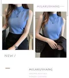 Blusa de malha elástica feminina, Tops femininos, roupa casual, sem mangas, monocromática, moda coreana, primavera, verão, novo, 8623 50 - loja online