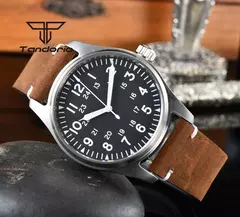 Relógios piloto de mergulho automático Tandorio para homens, vidro safira, mostrador luminoso verde, pulseira de couro, coroa de parafuso, NH35A, 20Bar, 39mm