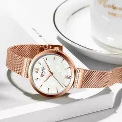CURREN-Relógio de quartzo em aço inoxidável feminino, bracelete elegante, relógio feminino, vestido feminino, moda luxuosa, dourado na internet
