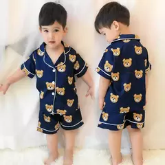 Conjunto de pijama cetim de seda gelo infantil, top e calça, ursinho desenho animado, bebê menina, primavera, verão - loja online