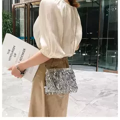 Imagem do Lantejoula prata strass borla sacos de ombro para mulheres, bolsa pequena cadeia, embreagem elegante senhoras festa noite, moda luxo design