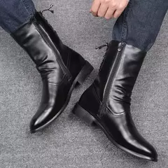 Nova moda dos homens boate motocicleta meados de bezerro botas altas sapatos de couro de vaca outono inverno longo botas masculinas calzado hombre
