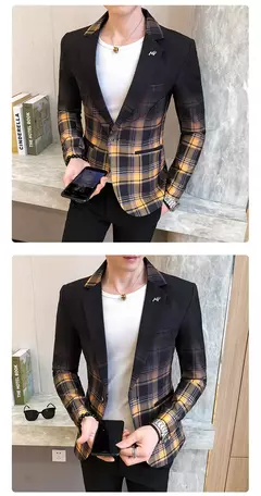 Jaqueta de terno casual xadrez masculina, baile masculino, blazer social, casaco fino, roupa de anfitrião, moda boutique na internet