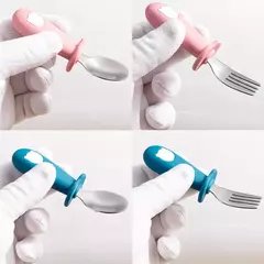 Bebê alimentação sólida colher e garfo conjunto, sem BPA, alça de silicone, urso dos desenhos animados, utensílio inoxidável, talheres infantis, novo design - loja online