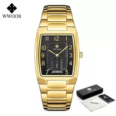 WWOOR-Relógio de quartzo quadrado de luxo masculino, Aço inoxidável, Automático, Semana, Data, Ouro, Relógios de pulso, Relogio masculino, Novo, 2022
