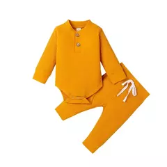 Conjunto de bodysuits de manga comprida e calças elásticas para bebé, com nervuras, xadrez, roupa sólida, infantil, recém-nascido, menina, menino, primavera, outono, 2 peças