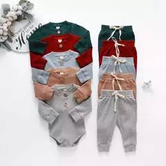 Imagem do Conjunto de bodysuits de manga comprida e calças elásticas para bebé, com nervuras, xadrez, roupa sólida, infantil, recém-nascido, menina, menino, primavera, outono, 2 peças