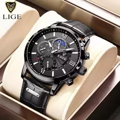 LIGE-Relógio de quartzo de couro de luxo masculino com caixa, impermeável, relógio, casual, marca de topo, novo, 2022 - comprar online