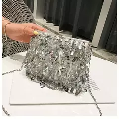 Imagem do Lantejoula prata strass borla sacos de ombro para mulheres, bolsa pequena cadeia, embreagem elegante senhoras festa noite, moda luxo design