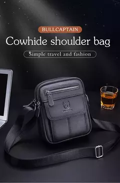 Bolsa de Ombro Casual Masculina Bullcaptain, bolsa mensageiro de negócios, mini bolsa de couro de vaca de alta qualidade, bolso de grande capacidade - loja online