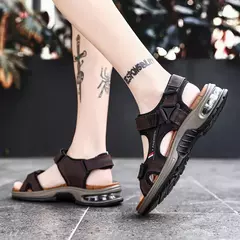 Imagem do Sandálias masculinas de verão de couro genuíno, chinelos masculinos, gladiador, praia, macio, confortável, ao ar livre, sapatos vadeando, marca, 38-46