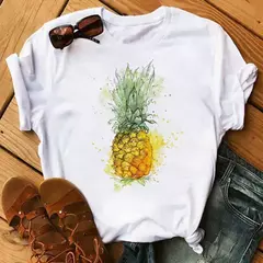 Camiseta branca estampada com frutas engraçadas para mulheres, estampa Kawaii Banana, camiseta Harajuku, manga curta, camiseta, moda