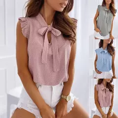 Mulheres verão elegante babados sem mangas polka pot laço até laço laço blusas e camisas casual oversize topos sexy pulôver túnica - Wolf Magazine