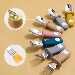 Bebê alimentação sólida colher e garfo conjunto, sem BPA, alça de silicone, urso dos desenhos animados, utensílio inoxidável, talheres infantis, novo design - loja online
