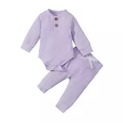 Imagem do Conjunto de bodysuits de manga comprida e calças elásticas para bebé, com nervuras, xadrez, roupa sólida, infantil, recém-nascido, menina, menino, primavera, outono, 2 peças