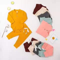Conjunto de bodysuits de manga comprida e calças elásticas para bebé, com nervuras, xadrez, roupa sólida, infantil, recém-nascido, menina, menino, primavera, outono, 2 peças - comprar online