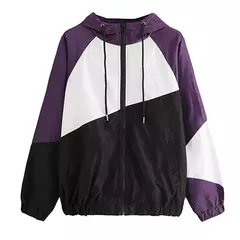 Jaqueta corta-vento com capuz feminino, bloco de cor elegante, patchwork, jaqueta bomber com zíper, casaco casual, impermeável, Casacos outonos, moda - comprar online