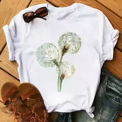 Maycaur-camiseta estampada dente-de-leão fofa para mulheres, camiseta estampada gráfica dos desenhos animados, camisa branca casual para senhoras, camiseta nova e engraçada